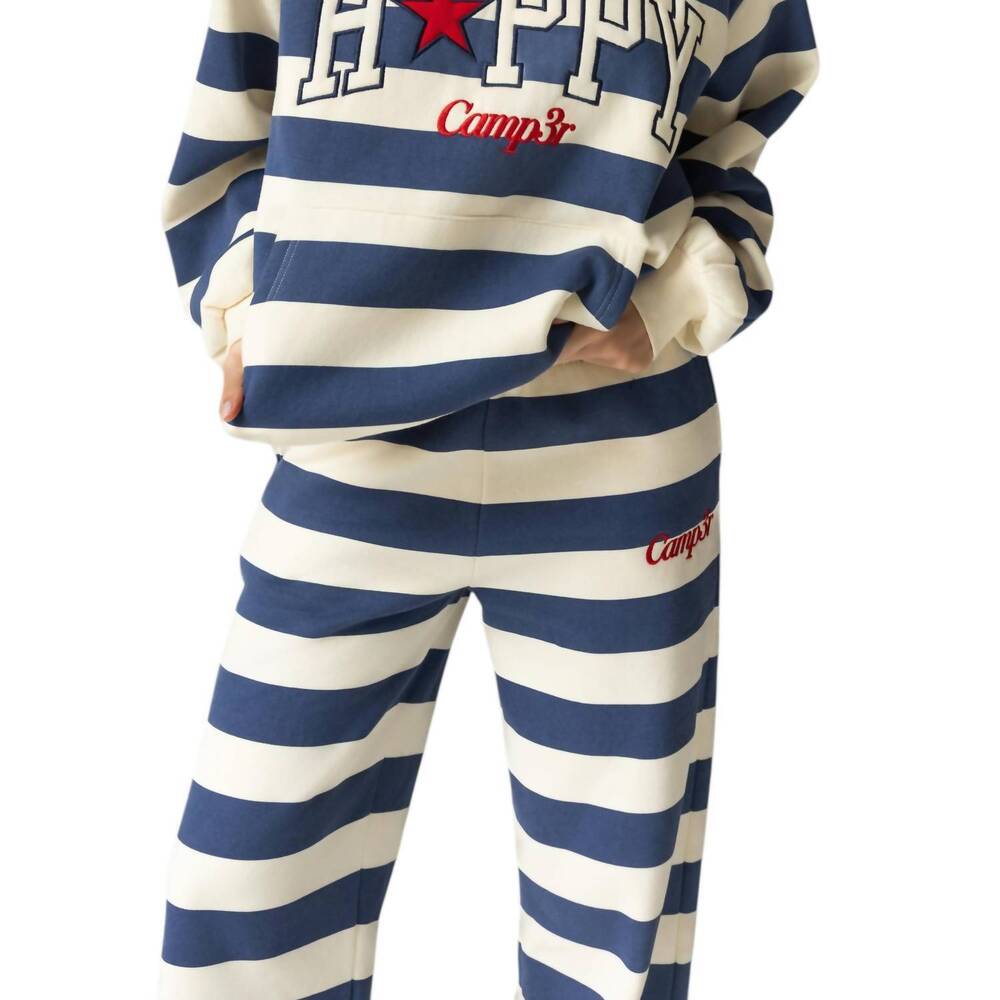 NEW THE HAPPY CAMP3R happy wide leg sweatpants in indigo stripe